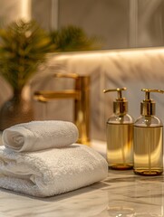 Aufkleber - Close-up of a bathroom countertop with stacked white towels and stylish shampoo bottles. Generative AI