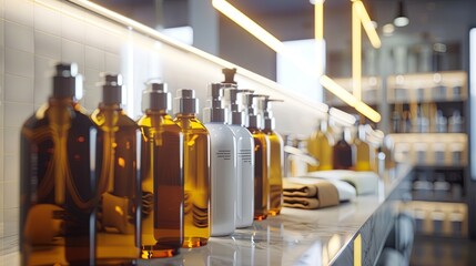 Poster - Close-up of elegant shampoo and conditioner bottles arranged on a bathroom counter. Generative AI