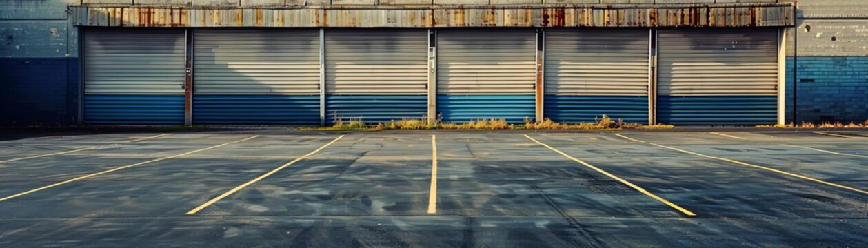 Empty parking space with no roof in front of a storage facility, no cars, industrial scene