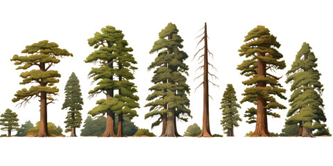 A collection of eight redwood trees of varying heights and sizes stand tall against a white background