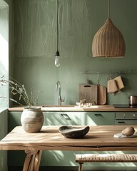 Modern Minimalist Kitchen, Wooden Table and Clean Green Wall