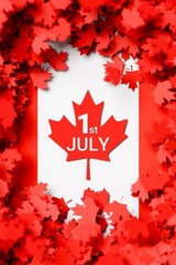 Creative Canada Day card background with many maple leaf. Lettering 1st of July on red maple leaf. 3D illustration, render. Vertical orientation, selective focus.