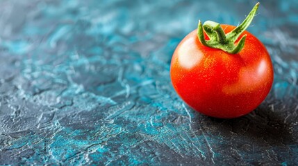 Wall Mural -  A red tomato, closely framed, sits atop a blue surface Two verdant stems emerge from the top, one branching out behind the tomato, the other extending directly