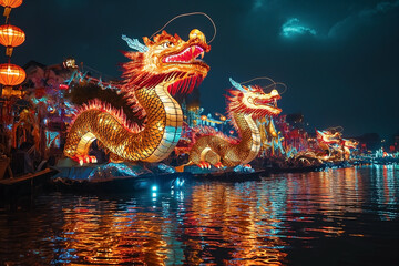 Large chinese dragon and at night lights on a river during holiday event. The Chinese festival