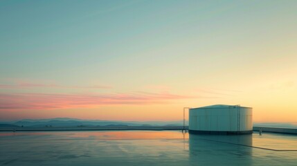 Poster - A large white building sits on a rooftop overlooking a calm body of water