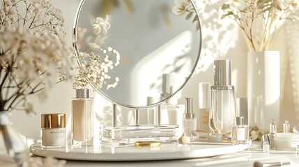 Poster - A close-up of a tabletop mirror surrounded by various cosmetic products, set in a bright and elegant setting. Generative AI