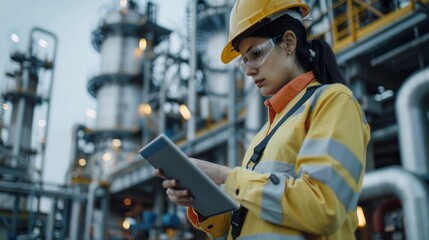 Poster - A woman wearing a yellow safety jacket and a hard hat is looking at a tablet