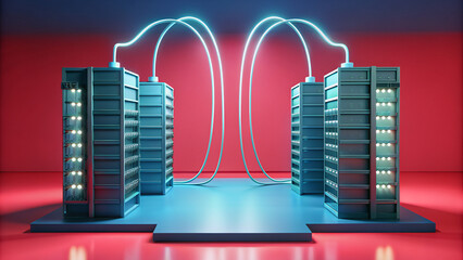 Aufkleber - A futuristic scene with two large computer servers connected by a wire