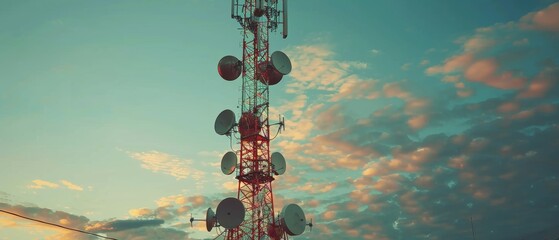Wall Mural - Modern communication tower with multiple satellite dishes, illustrating advanced connectivity technology