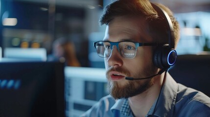 Poster - A man wearing a headset and glasses is talking on the phone