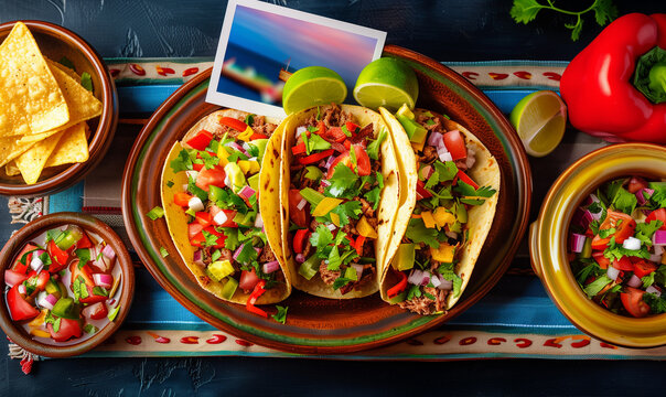 Plate of meat and vegetable tacos on a festive table, honoring a traditional Mexican holiday.