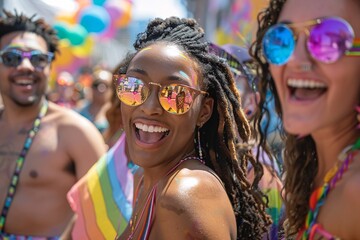 Poster - Editorial Photography of a vibrant LGBTQ+ community event, with people celebrating diversity and equality, colorful outfits and expressive emotions, emphasizing the importance of equity and
