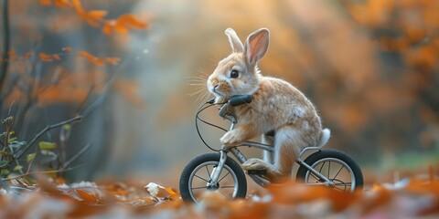 A cute rabbit is riding a bike. High-resolution photograph clean sharp focus