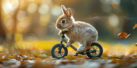 Wall Mural - A cute rabbit is riding a bike. High-resolution photograph clean sharp focus