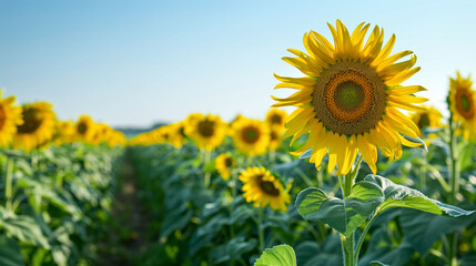 Wall Mural - A picturesque view of a sunflower field at midday, with bright yellow flowers stretching towards a clear blue sky.