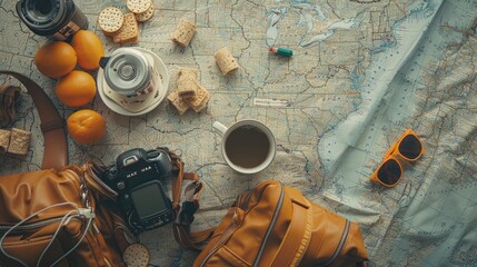 Wall Mural - A traveler is laying on a map with a backpack and camera, capturing the worlds beauty. The scene combines art, travel, and leisure in a unique way AIG50