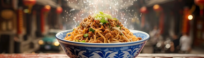 A bowl of delicious noodles with meat and vegetables