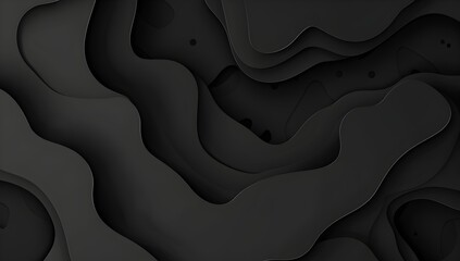 Black abstract background with black paper cut waves, minimalistic design on a dark grey gradient background, high resolution, high quality image with high detail and sharp focus, no blur effect, vect