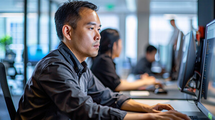 Poster - A man is typing on a computer. The man is wearing a gray sweater and has a serious expression on his face. There are other people in the background