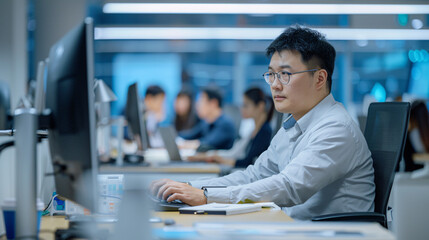 Poster - A man is typing on a computer. The man is wearing a gray sweater and has a serious expression on his face. There are other people in the background