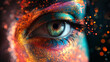 © Wasin Arsasoi - Digital generated image of multicolored particles forming eye shape against black background.