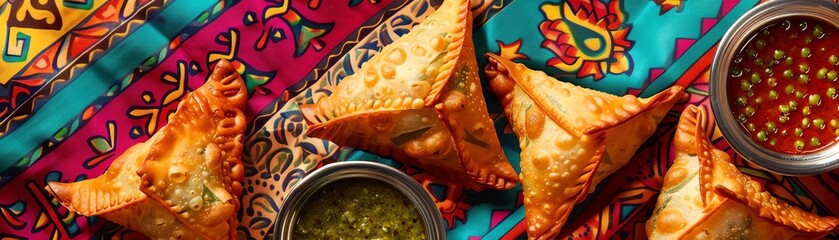 Indian samosas with green chutney and tamarind sauce on a colorful background.