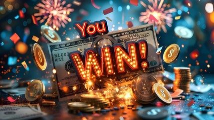 Abstract background of casino. Colourful online casino banner of 777 big winning symbol slot machine gold jackpot, casino bar and celebration light graphic background, entertainment leisure concept.