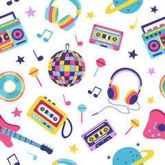 Wall Mural - 90s retro elements set seamless pattern on white surface. Concept of 90s. Stickers. Y2K, 2000s, 80s. Retro music background.