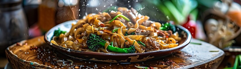 A plate of delicious pad thai noodles with beef and vegetables. The noodles are stir-fried with a sweet and savory sauce and topped with crushed peanuts and lime wedges.