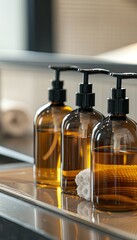 Poster - Close-up of three amber glass bottles with black pumps filled with hair care products, positioned on a countertop in a clean and modern bathroom. Generative AI