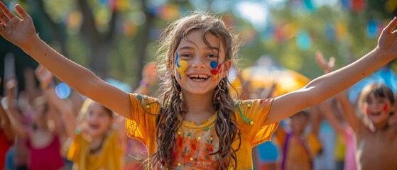 a concert or music event with children dancing and singing along to the music.group of children with