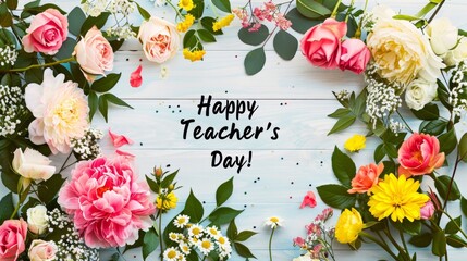 Wall Mural - Happy Teacher's Day Sign Surrounded by Colorful Flowers and Leaves on Wooden Background
