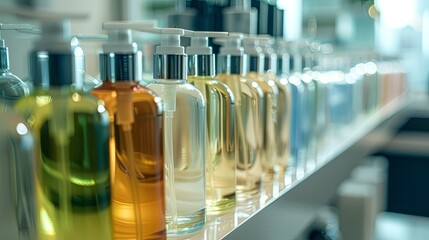 Aufkleber - A row of sleek, stylish shampoo and conditioner bottles arranged on a shelf in a modern salon. Generative AI