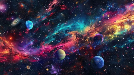 fantastic multicolored outer space with stars, constellations, galaxies, planets and nebulae