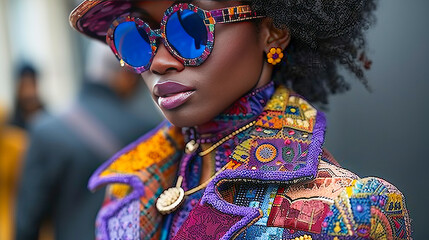 Closeup of a model in a vibrant eclectic outfit with colorful accessories