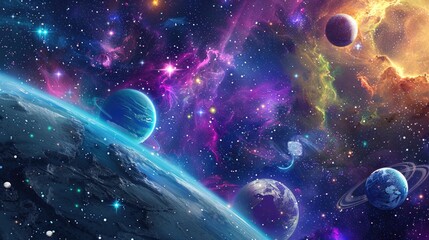 fantastic multicolored outer space with stars, constellations, galaxies, planets and nebulae