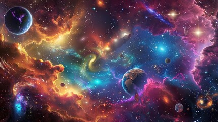 fantastic multicolored outer space with stars, constellations, galaxies, planets and nebulae