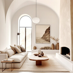 Wall Mural - Sofa against fireplace in room with arch window and ceiling. Mediterranean interior design of modern living room.
