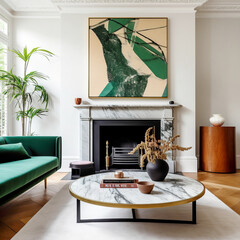 Marble coffee table near green velvet sofa against fireplace. Art deco style interior design of modern living room.