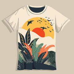 Wall Mural - T-shirt design with tropical plants and birds. Vector illustration.