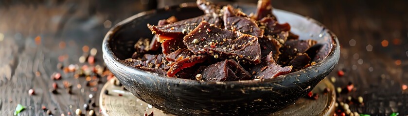 biltong, dried cured meat from south africa, served in a rustic bowl, safari lodge