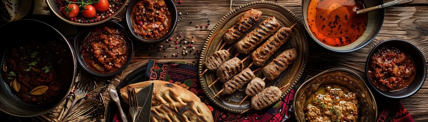 Bosnian cevapi with ajvar, grilled meat rolls, served with homemade flatbread, traditional stone courtyard, festive table with colorful textiles