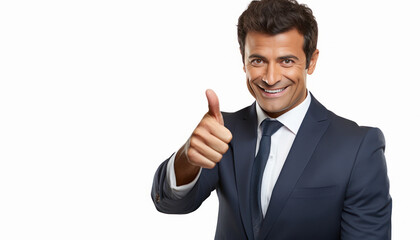 Wall Mural - Young businessman showing thumps up on white background