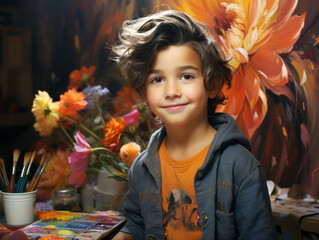 Poster - Young boy with artistic paint and brushes posing, colorful painted canvas background, expressing creativity. Generative AI