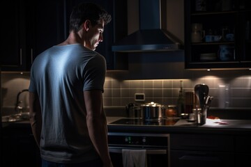 A man is standing in a kitchen with a pot on the stove