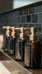 Poster - Four bottles of shampoo and conditioner lined up on a countertop in a modern bathroom. Generative AI