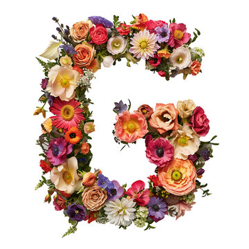 Elegant shot of text Letters G crafted in flowers on a clean, isolated on transparent background	