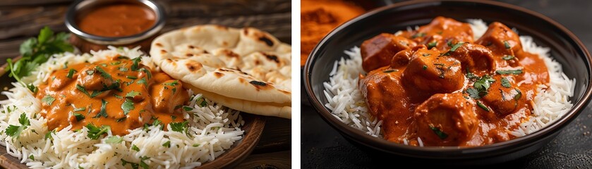 Wall Mural - Indian butter chicken, creamy and rich, served with basmati rice and naan, warm ambient lighting in a traditional Indian restaurant