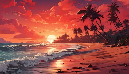 sunset on the beach, red sky, summer breeze and relaxing