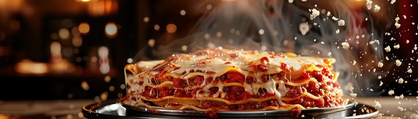 Wall Mural - Lasagna, layers of pasta, cheese, and meat sauce, bubbling hot, rustic Italian kitchen setting